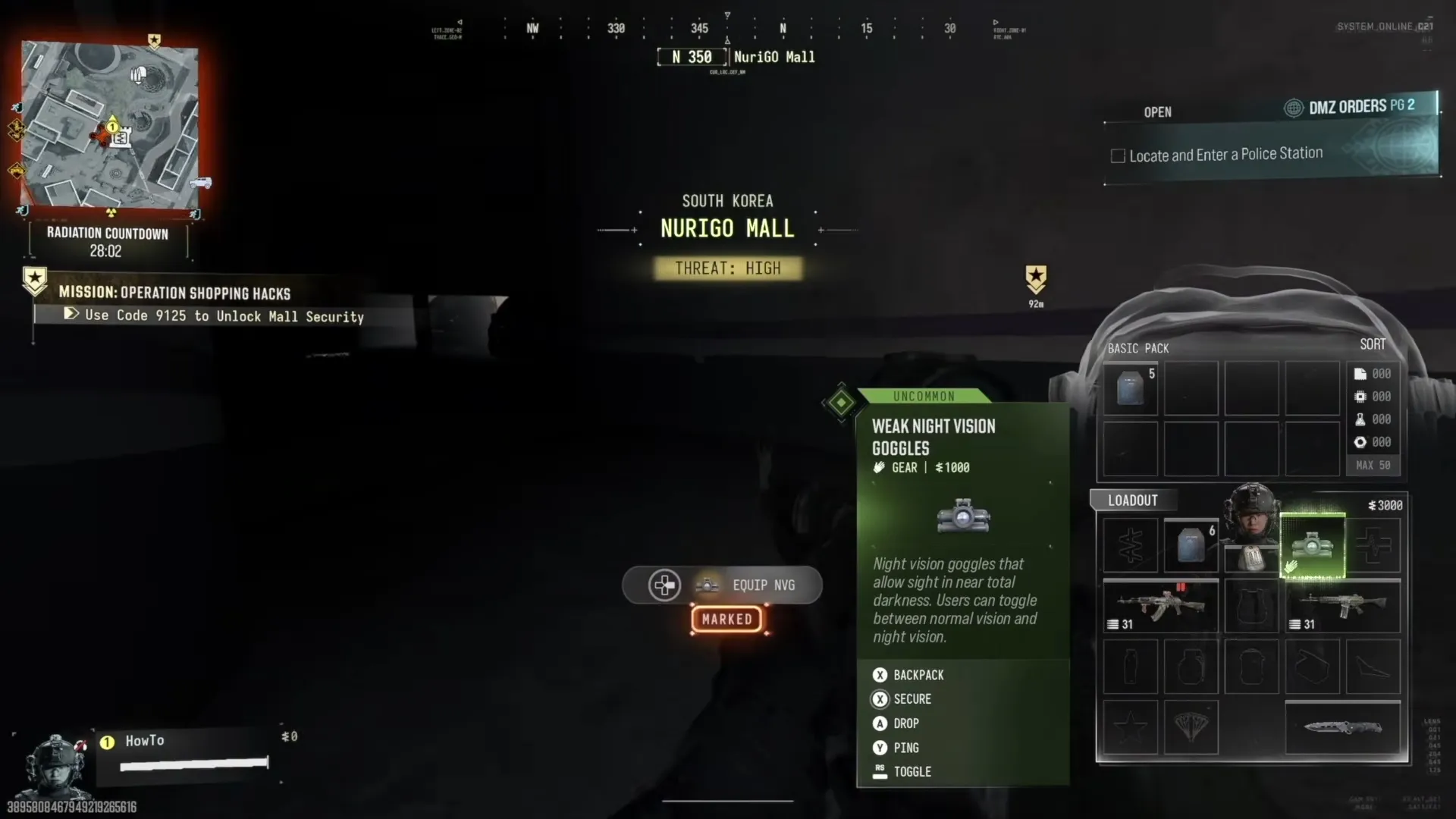 Modern Warfare 4 Night Vision Goggles in backpack inventory